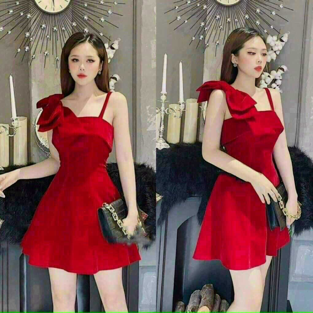 Đầm Nữ Đẹp ⚡𝙎𝙄𝙀̂𝙐 𝙎𝘼𝙇𝙀⚡ Đầm Xòe Thiết Kế 1 Dây kết Nơ Vai Chất Vải Co Dãn - 72053