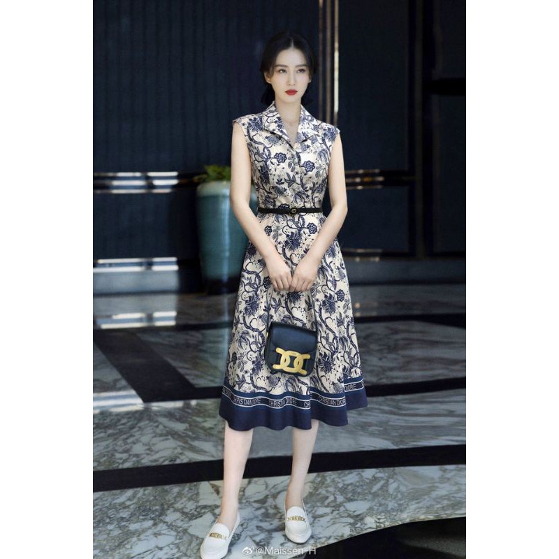 váy hoa nữ không tay dáng xòe cổ bẻ Dior