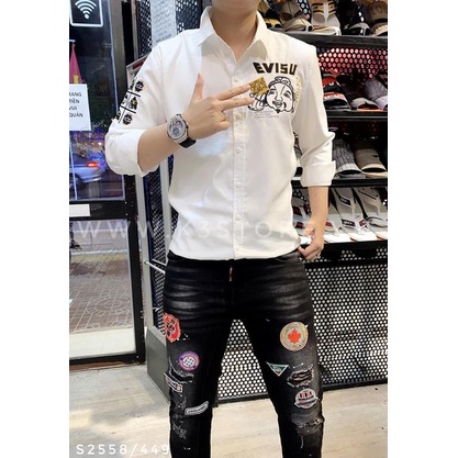 Áo sơ mi trắng tay dài nam thêu evisu beyond denim sóng biển màu chất kaki dày dặn có độ co dãn nhẹ K3 STORE  S2558