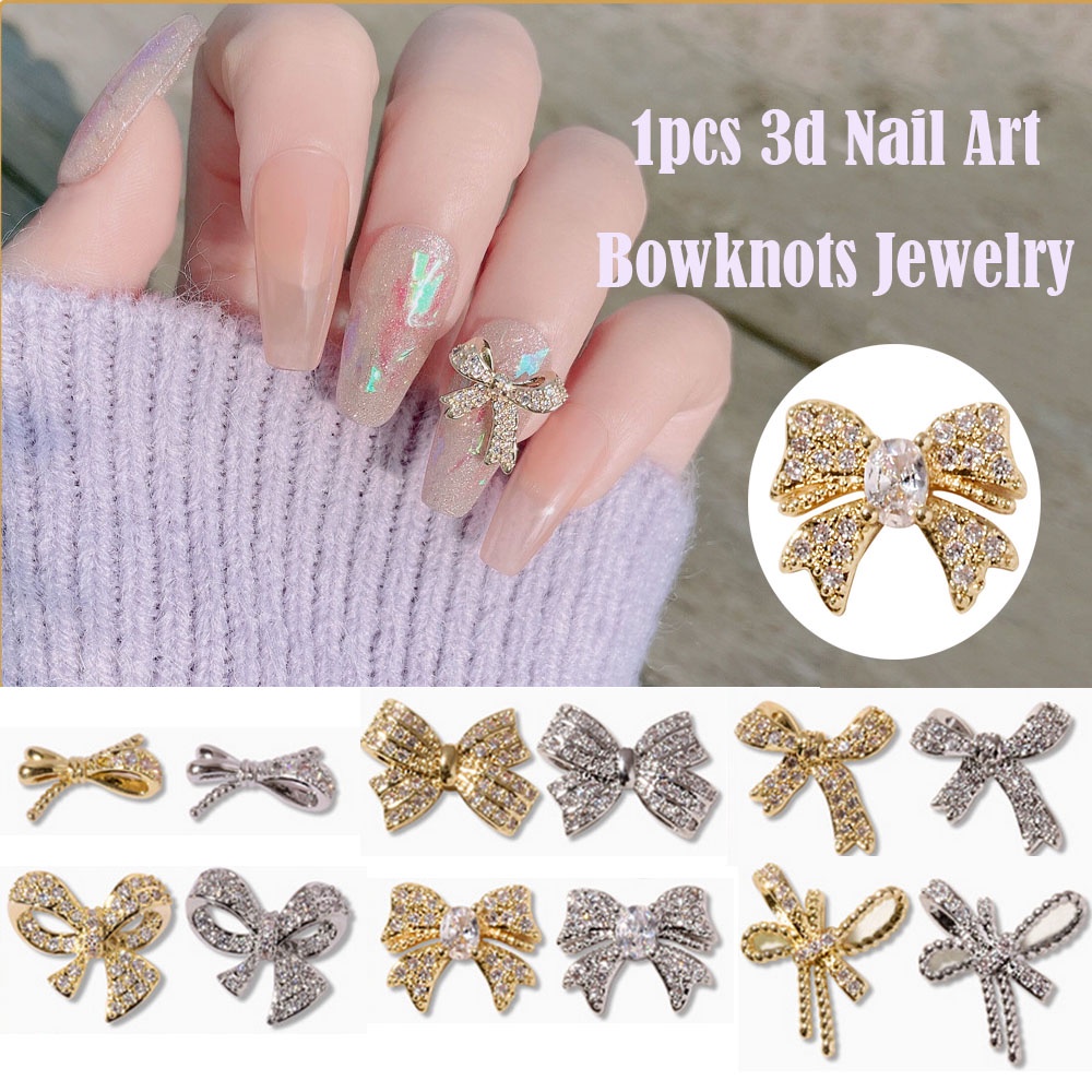 [Hàng mới về] Nơ bướm 3D bằng kim loại đính đá Zircon sáng bóng trang trí móng tay nghệ thuật sang trọng DIY