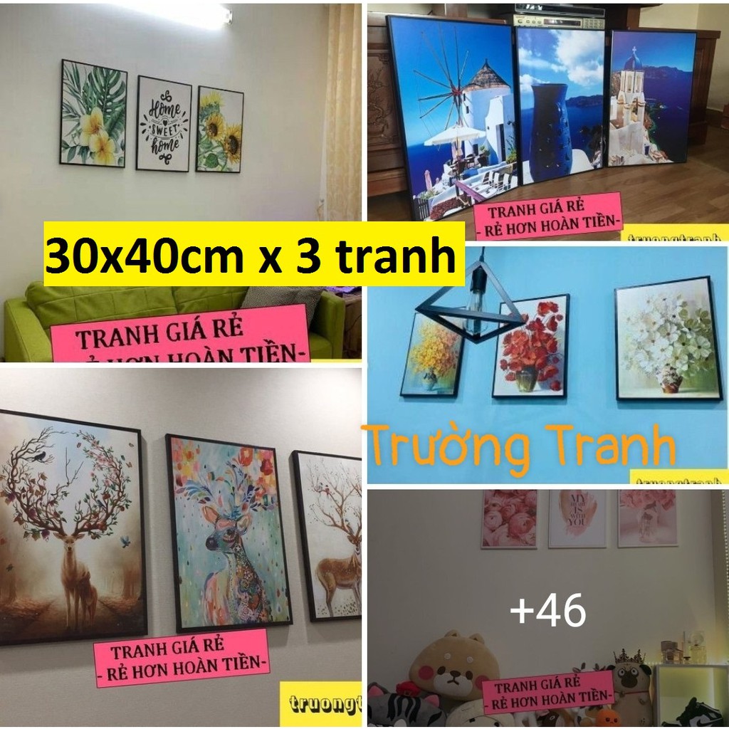 [TRANH GIÁ RẺ] bộ 3 tấm 30x40cm, tranh treo tường khung gỗ, tranh canvas dùng trong nhà hàng, khách sạn, căn hộ cho thuê