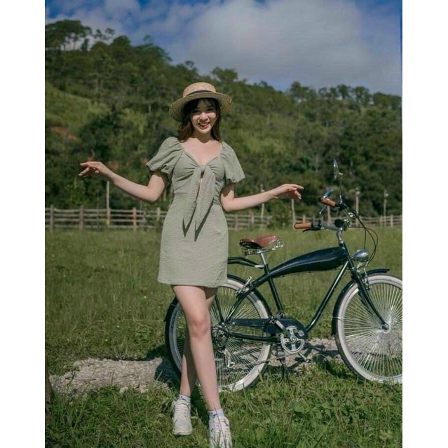 Váy xanh nơ ngưc , đầm nữ đẹp tay bo phồng, váy nữ cao cấp | BigBuy360 - bigbuy360.vn