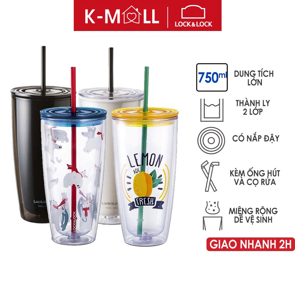 Ly nhựa 2 lớp Lock&Lock 750ml kèm ống hút và cọ rửa, miệng rộng HAP507 - K-MALL