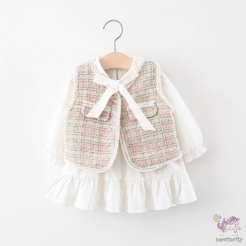 Bộ Đầm Dài Tay + Áo Khoác Vest Phong Cách Hàn Quốc Siêu Đáng Yêu Dành Cho Bé Gái