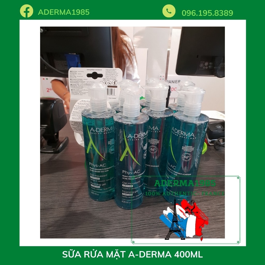 Sữa rửa mặt Aderma Purifying, sữa rửa mặt A Derma Phys-Ac dành cho da nhạy cảm, da mụn 200/400ml, chuẩn Pháp.