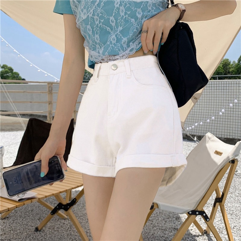Quần Short Jean Chữ A Lưng Cao Ống Rộng Thời Trang Mùa Hè Cho Nữ
