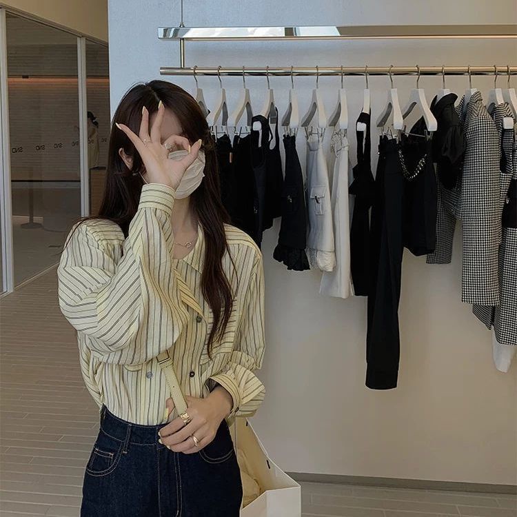 Áo sơ mi tay dài in sọc vàng thời trang Hàn Quốc dành cho nữ