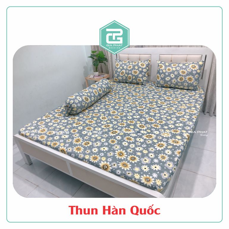 Bộ Ga Gối Thun Lạnh Hàn Quốc {4 Món} họa tiết Cúc Lớn( 1 ga bọc + 2 vỏ gối nằm + 1 vỏ gối ôm )