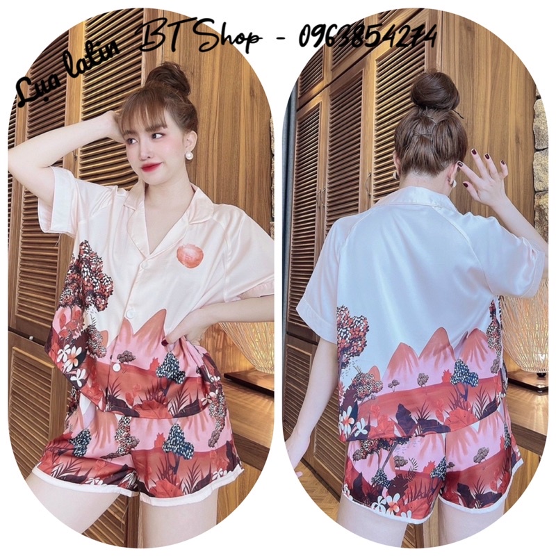 Đồ ngủ lụa latin pijama croptop quần đùi hoạ tiết freesize 42-60kg