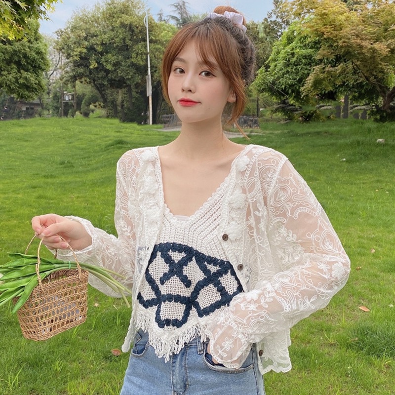 Áo Tank Top Cổ Chữ V Đan Móc Màu Sắc Retro Dành Cho Nữ