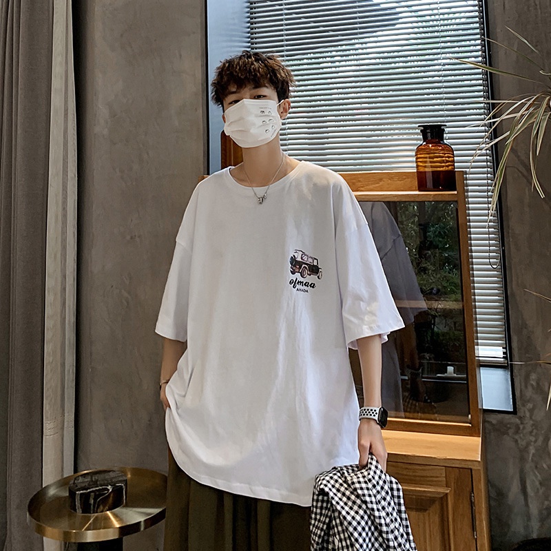 Áo phông nam chất cotton tay lỡ form rộng in hình cá tính