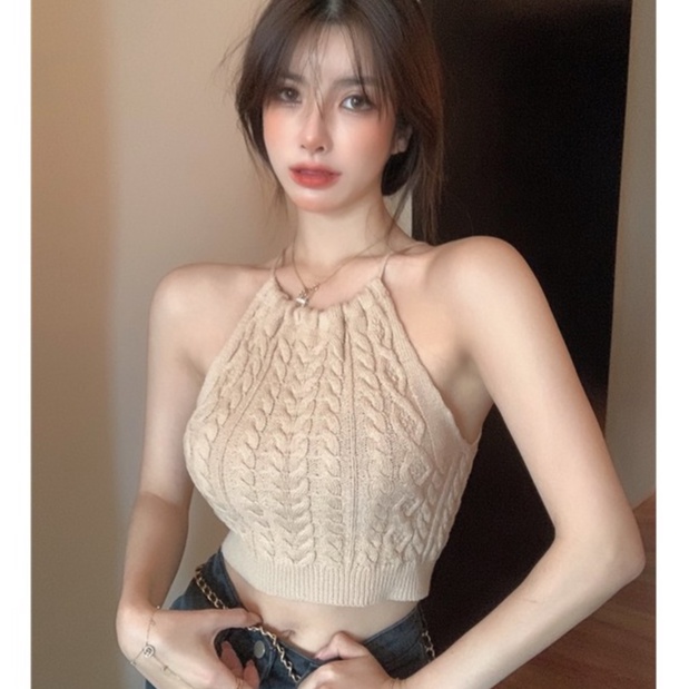 Áo crop top dệt kim đan rổ thiết kế cột dây quyến rũ cho nữ | WebRaoVat - webraovat.net.vn