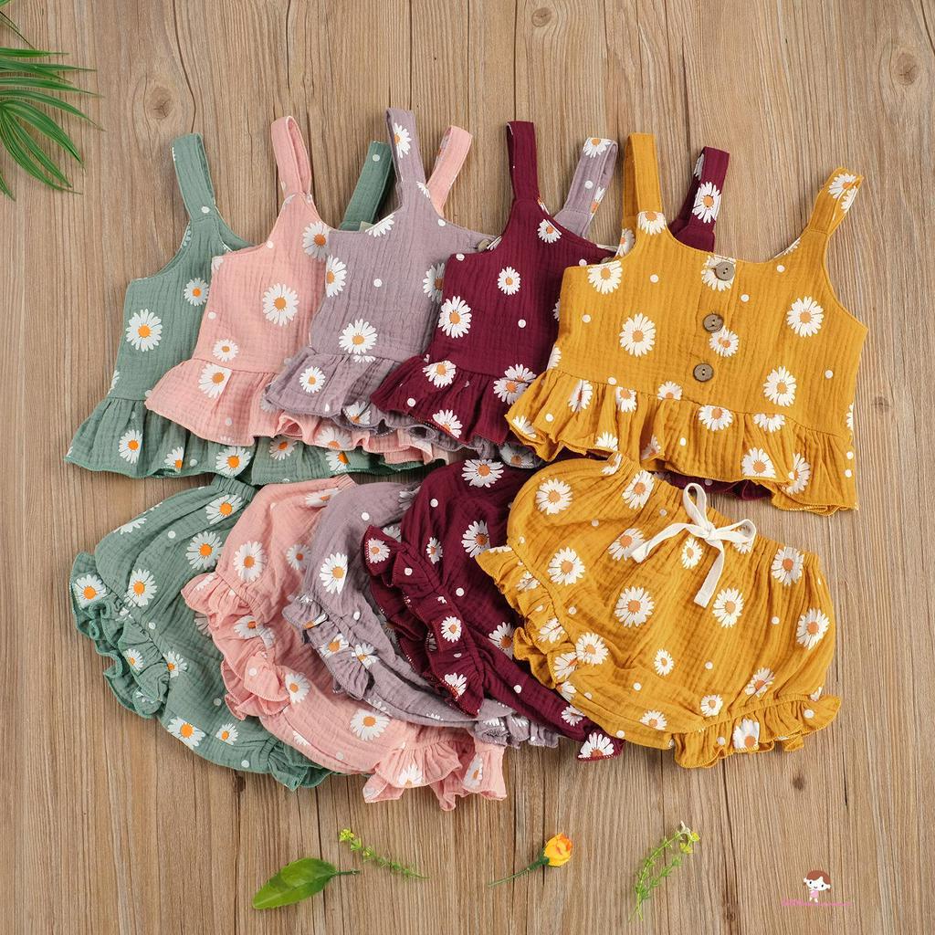 Set Đồ 2 Mảnh Họa Tiết Hoa Xinh Xắn Cho Bé Gái 0 - 5 Tuổi