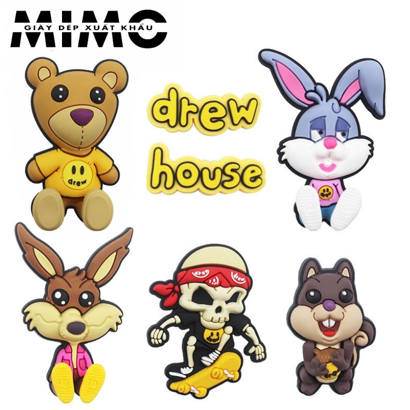 Combo jibit nổi 3D Drew House, sticker gắn dép sục, sục cross siêu cute