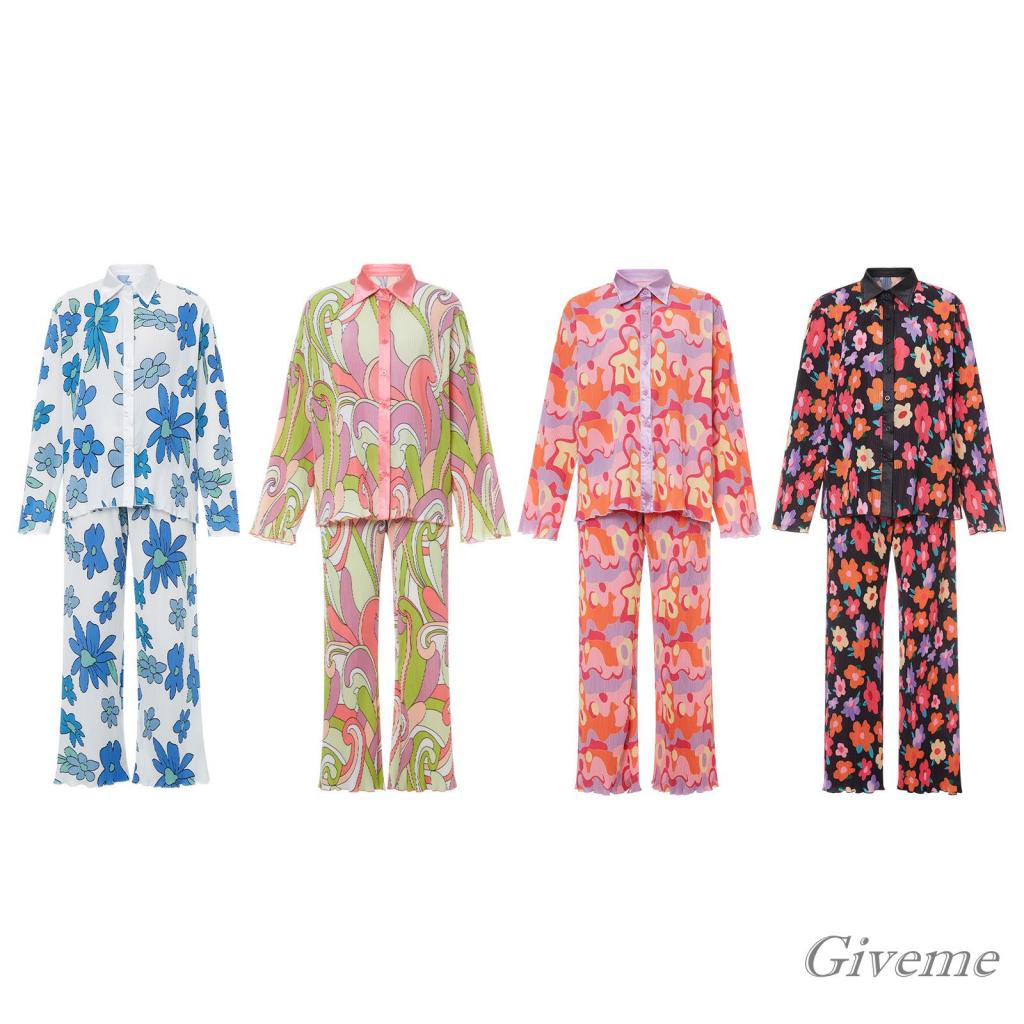 Set 2 Món Áo Sơ Mi Tay Dài In Họa Tiết Hoa/Sân Cây Phối Quần Dài Dáng Rộng Thời Trang Cho Bạn Gái