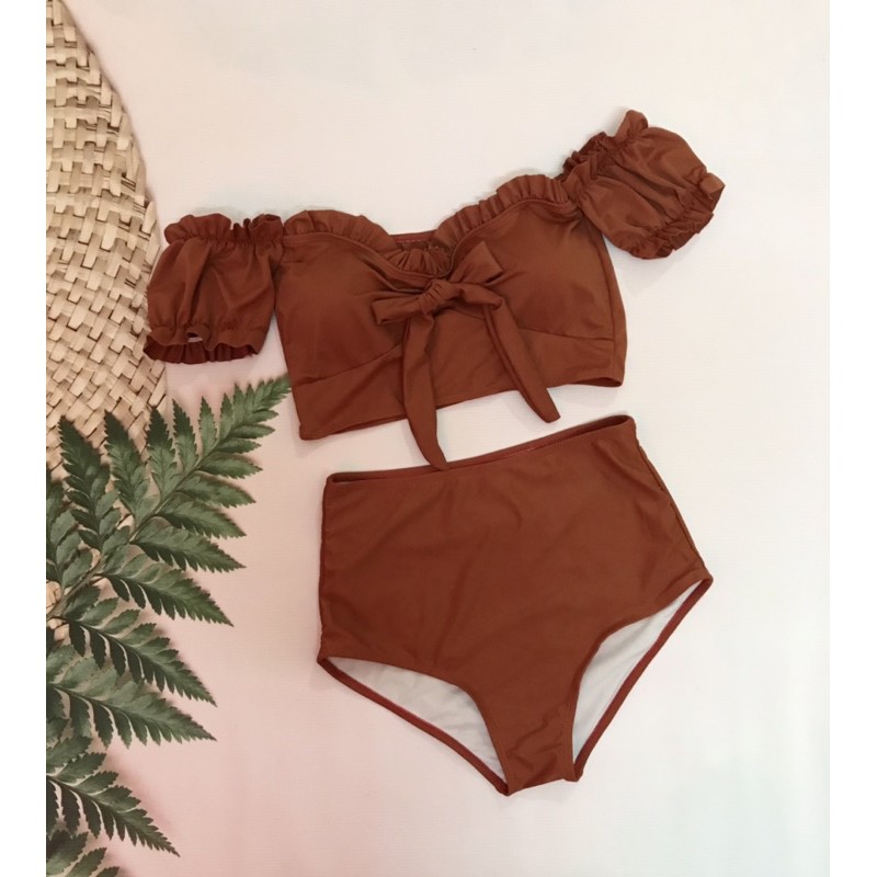 Set bikini đồ bơi nữ 2 mảnh áo trễ vai, quần cạp cao