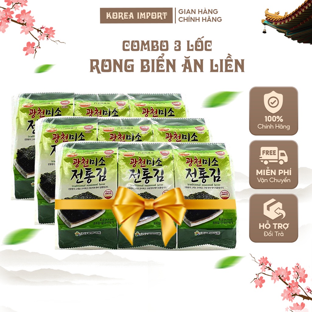 Combo 3 lốc rong biển ăn liền miso Hàn Quốc, set 9 gói rong lá kim 36gam tẩm dầu thực vật