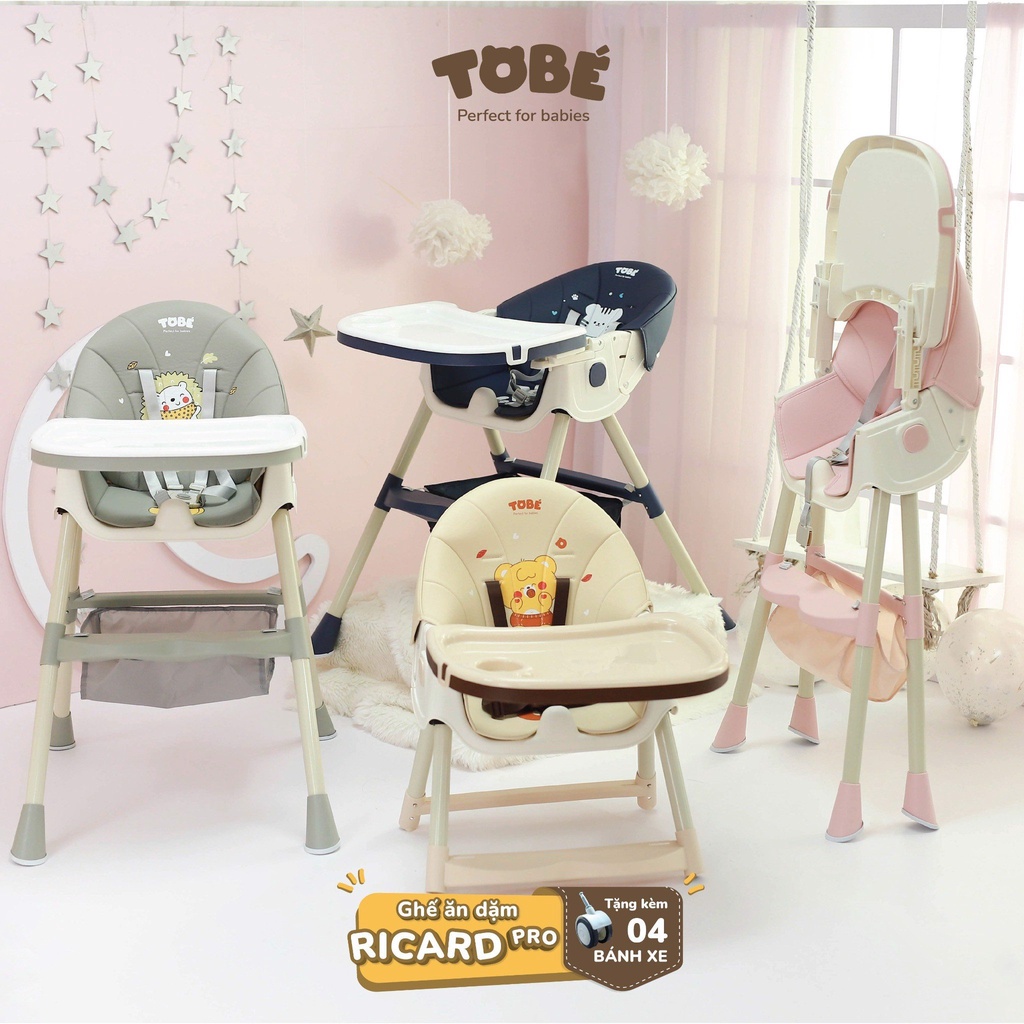 Ghế Ăn Dặm Cho Bé Ricard Pro Trơn Pastel TOBÉ Thiết Kế Khay Ăn Kép Điều Chỉnh, 3 Cấp Độ, Có Thể Gấp Gọn