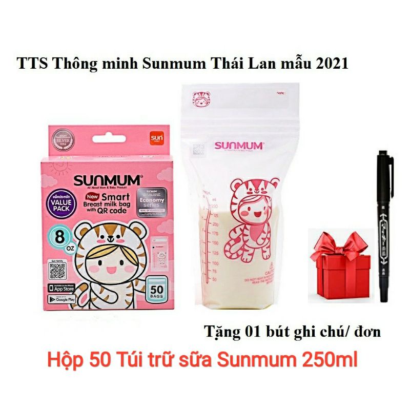 Tặng Viết - Combo 100 túi trữ sữa Mẹ 250ml Sunmum Thái Lan - SM - 2 Hộp Màu Hồng 2021