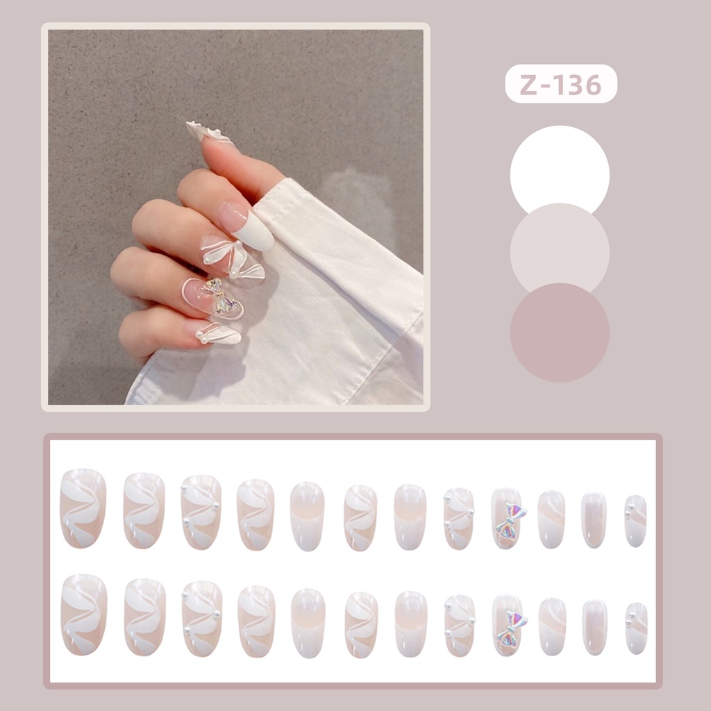 Bộ 24 móng tay giả thiết kế hồng kẻ trắng đính nơ Jojo Z136 móng giả nailbox rẻ đẹp tự làm tại nhà
