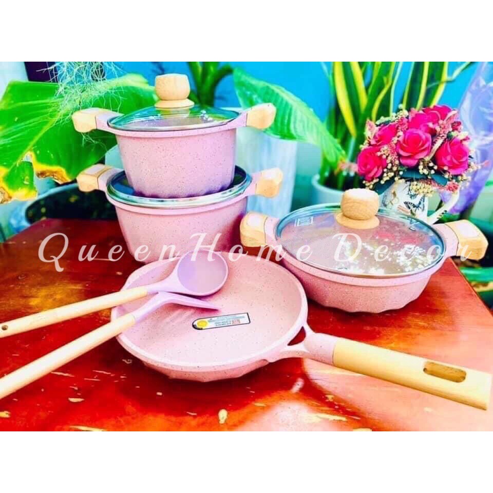 Bộ nồi chảo đá maifan MGC màu hồng