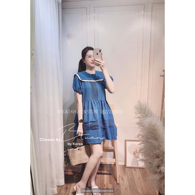 [Mã SKAMA06 giảm 8% tối đa 50K đơn 250K] Váy xanh xếp ly tay bồng cổ viền | BigBuy360 - bigbuy360.vn