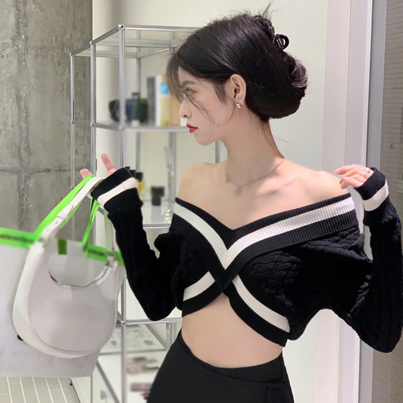 Áo Len Croptop Tay Dài Cổ Chữ V Thời Trang Hàn Quốc Dành Cho Nữ