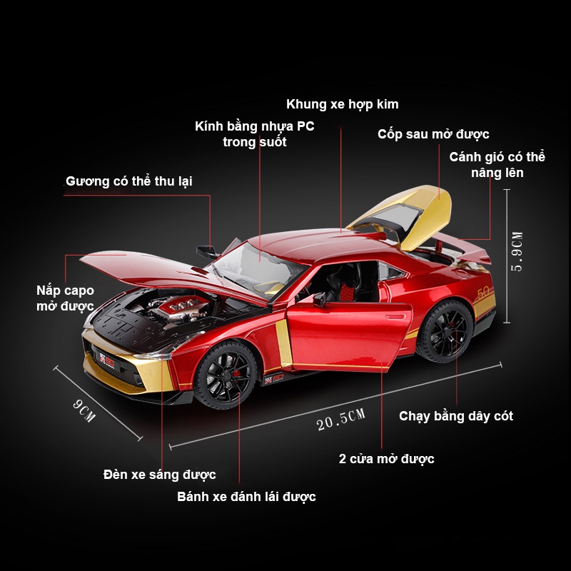 Mô hình xe ô tô NISSAN GTR 50 tỷ lệ 1:24 thân hợp kim nguyên khối lốp cao su, mở full cửa gập gương có đèn âm thanh