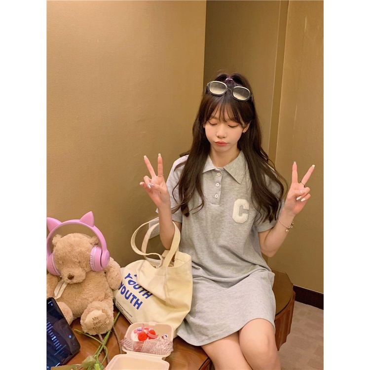 Jiashucheng Đầm Ngắn Tay Cổ polo Dáng Chữ A Phong Cách Preppy Thời Trang Mùa Hè Giản Dị Dành Cho Nữ