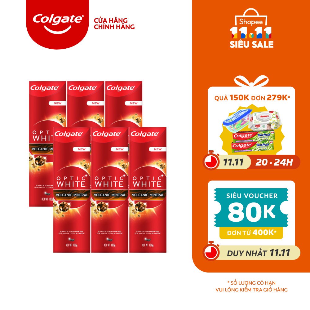 [Mã COSCOL11 giảm 8% đơn 250K] Bộ 6 kem đánh răng trắng sáng Colgate Optic White từ khoáng núi lửa Hàn Quốc 100g/tuýp