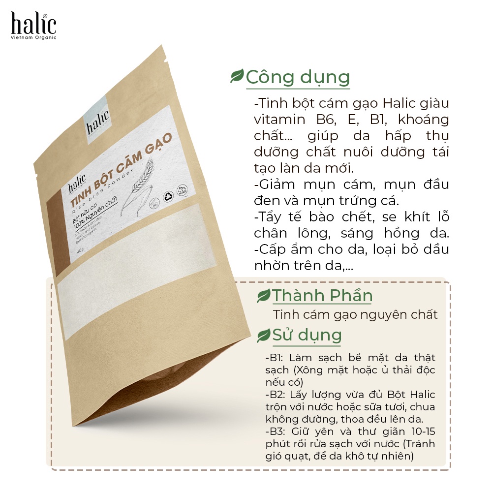 Tinh bột Cám Gạo nguyên chất Halic Organic 40G đắp mặt nạ dưỡng trắng da, tẩy da chết toàn thân hiệu quả