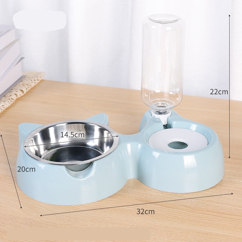 Bát ăn cho chó mèo thú cưng hai ngăn đôi có bát inox khay bình nước tự động hình tai mèo