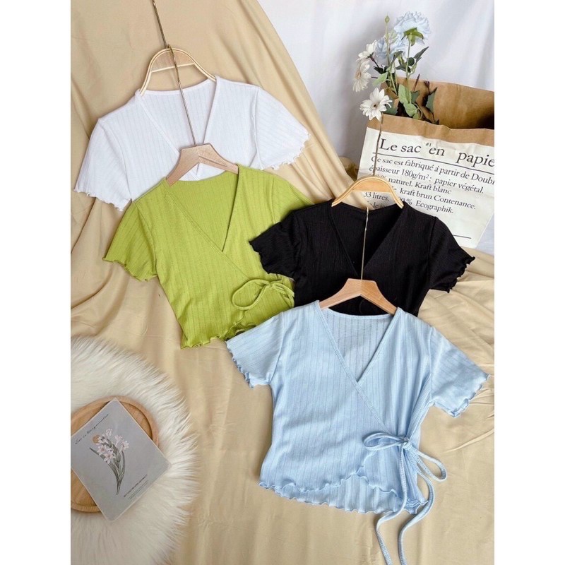 áo kiểu đắp chéo cột dây viền xoắn thun gân dáng crop top xinh xinh