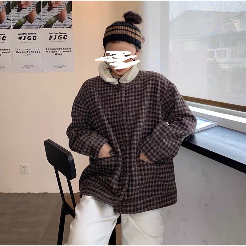 áo khoác dạ nữ kẻ caro cổ bông ulzzang