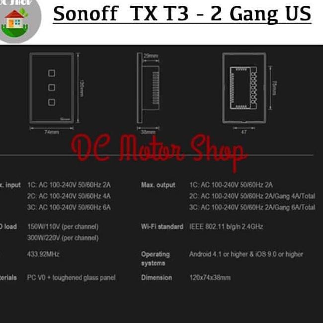 Công Tắc Cảm Ứng Thông Minh Gắn Tường Sonoff Touch Tx T3 Us-2Gang Wifi-Fi & Rf 433mhz