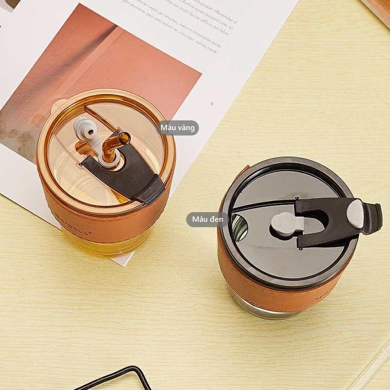 Cốc thủy tinh uống nước bọc da có nắp và ống hút, Ly thủy tinh giữ nhiệt tốt