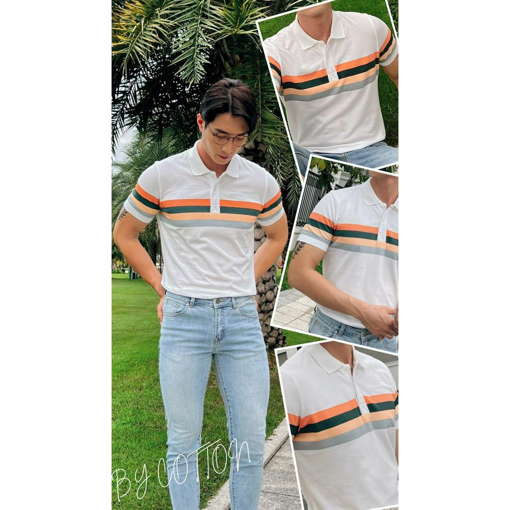Áo Thun Polo Nam Cổ Bẻ Trắng In Sọc Ngực 4 Màu BY COTTON 4 Stripes Printed Polo