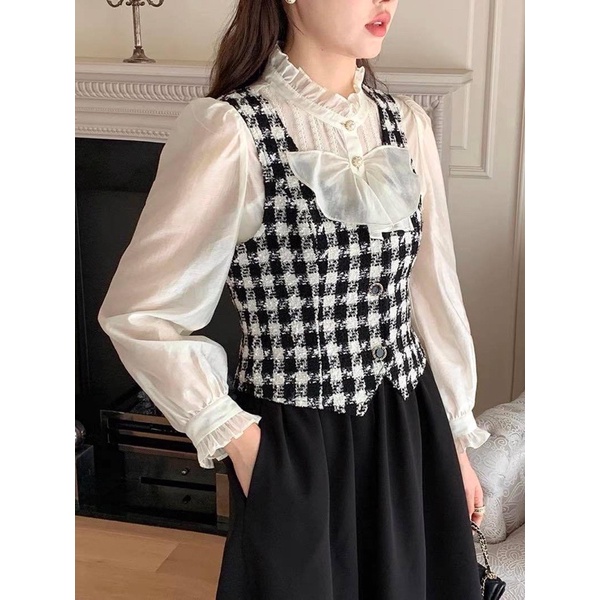 Set Áo Thu Đông Kiểu Sơ Mi Phối Cùng Gile Dạ Kèm Chân Váy Midi Xếp Ly Dài