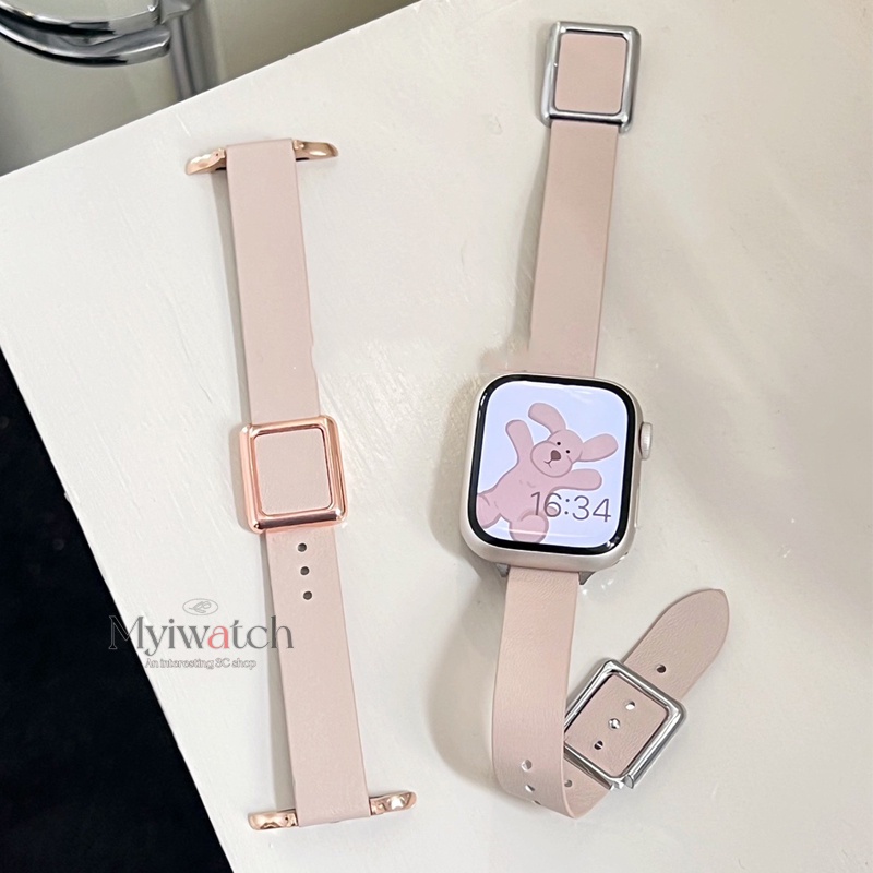 Dây Đồng Hồ Bằng Da Khóa Nam Châm Mỏng Màu Vàng Hồng Dành Cho iwatch Series 7 6 5 4 3 SE 21 41mm 45mm 44mm 40mm 42mm 38mm
