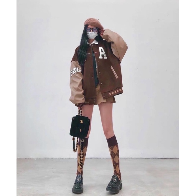 VARSITY JACKET BOMBER CHỮ A NÂU