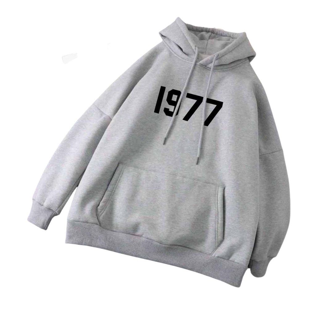Áo Hoodie chân cua In số 1977 unisex dành cho nam và nữ có mũ form rộng BASIC - Đen Xám Trắng Kem