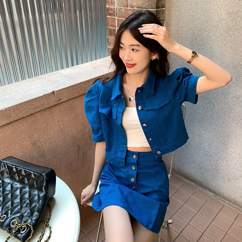 Denim jacket half skirt two sets of girls spring and summer 2022 new retro bubble sleeve short-sleeved jacket set