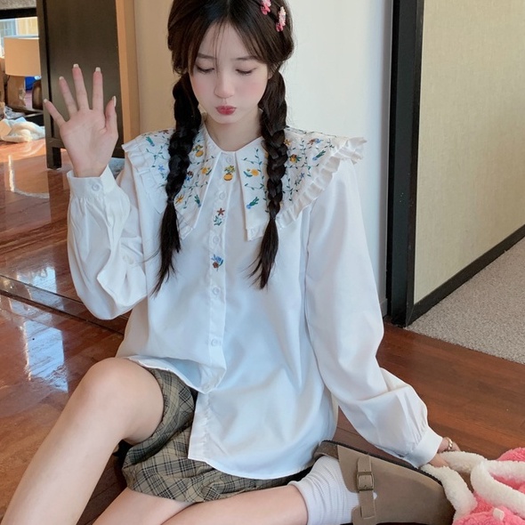 ZHELIHANGFEI Áo Sơ Mi Tay Dài Dáng Rộng Cổ Búp Bê Thêu Họa Tiết Xinh Xắn Phong Cách Nhật Bản
