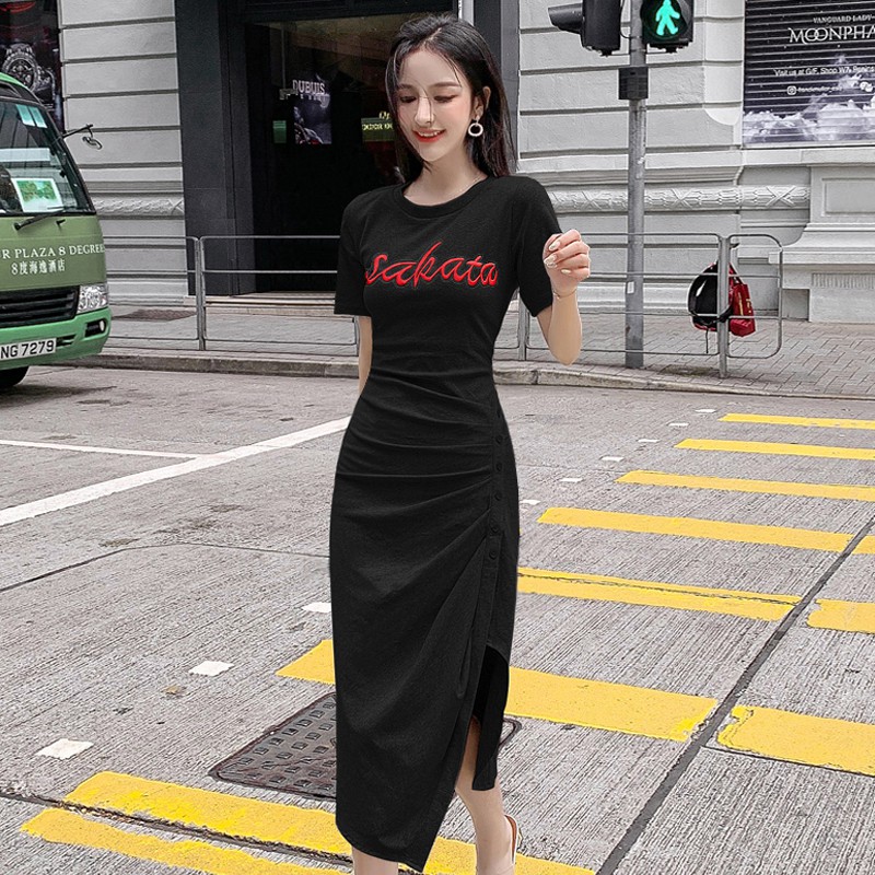 💖💖💖FREESHIP 💖💖💖 Váy nữ cổ tròn tay ngắn họa tiết vải dáng rộng unisex Đầm dáng suông oversize thời trang nữ