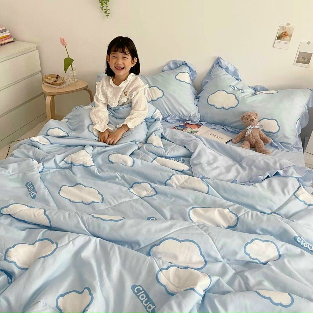 Bộ chăn ga gối drap giường nhập khẩu cao cấp chất vải đũi viền bèo - Chăn hè trần bông họa tiết mây trắng
