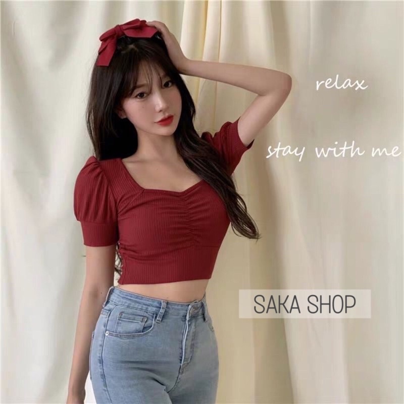 Áo croptop nữ kiểu tay ngắn nhún ngực bo eo viền tay dễ thương