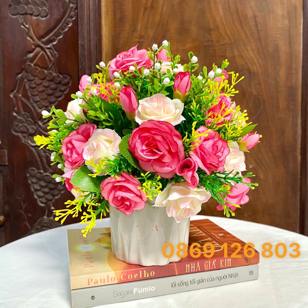 (Cắm sẵn) Chậu hoa hồng trứng hoàng gia cực sang chảnh 30cm*40cm, trang trí decor nhà đẹp, để bàn phòng khách.