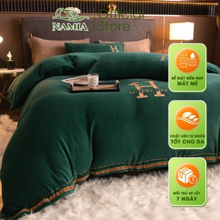 Bộ chăn ga gối nỉ thêu chữ H set 4món vỏ chăn
