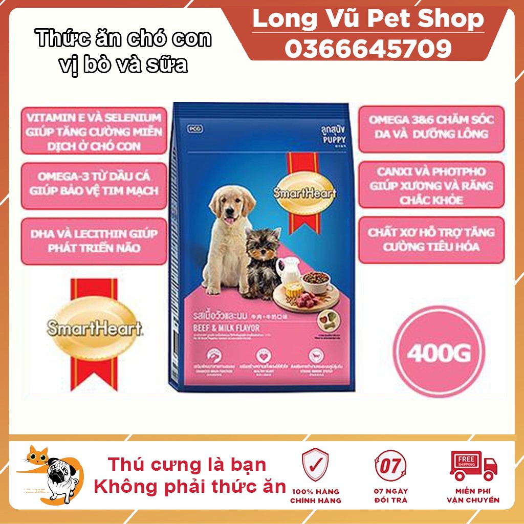 Thức Ăn Hạt Khô Vị Thịt Bò Và Sữa Cho Chó Con Puppy SmartHeart 400g