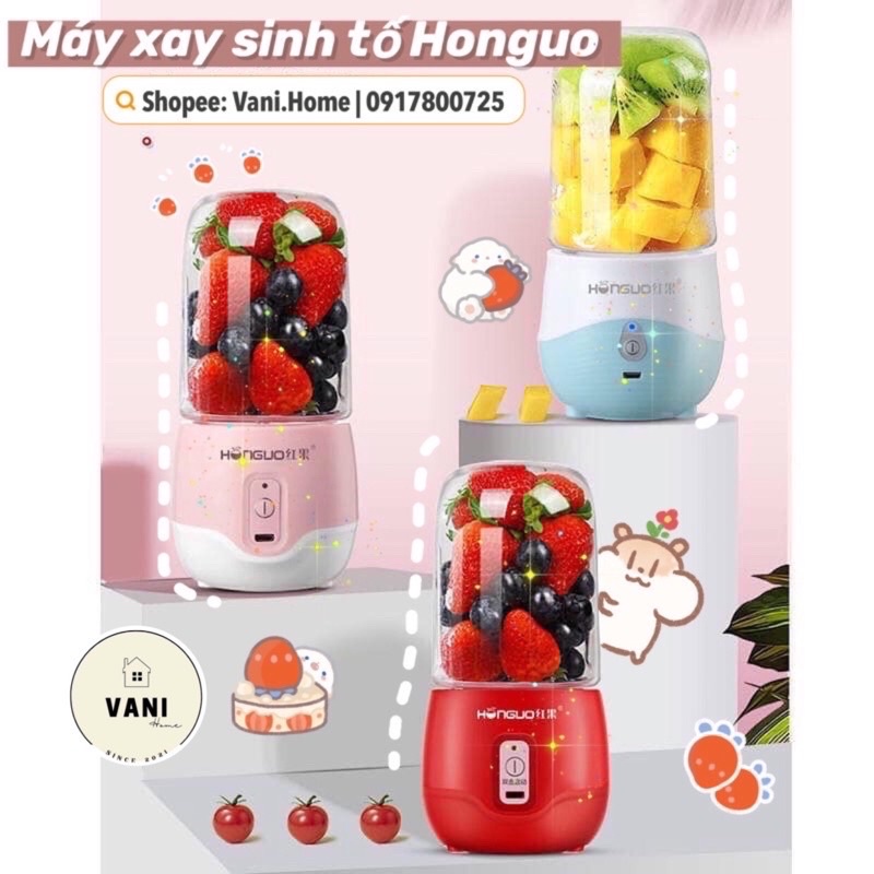 Máy xay sinh tố cầm tay mini HONGUO 6 lưỡi cực mạnh - Máy xay sinh tố mini sạc pin 300ml ép trái cây hoa quả